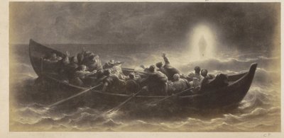 Fotoreproduksjon av (antagelig) et trykk av apostler som ser Kristus gå på vannet av Anonymous