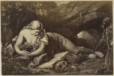 Fotoreproduksjon av (antagelig) et trykk av en bedende Maria Magdalena i villmarken av Anonymous