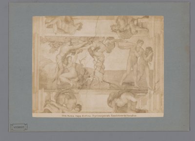 Fotoreproduksjon av fresken The Fall and Expulsion from Paradise av Michelangelo i Det sixtinske kapell Roma. capp. sistina. Il primo peccato. Epulsione dal Paradiso (tittel på objekt) av Anonymous