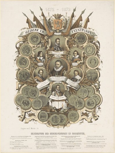 Minne- og festplakett med portretter av William I, Prince of Orange, hans sønner Maurits og Frederik Hendrik, Princes of Orange, hans brødre Lodewijk, Adolf og Hendrik, grevene av Nassau, og Willem Bloys van Treslong av Anonymous