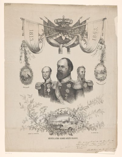 Minneplakett i anledning nederlandsk 50-årsjubileum for uavhengighet med portretter av konger Willem I, II og III nederlandsk herlighet under oransje (tittel på objekt) av Anonymous