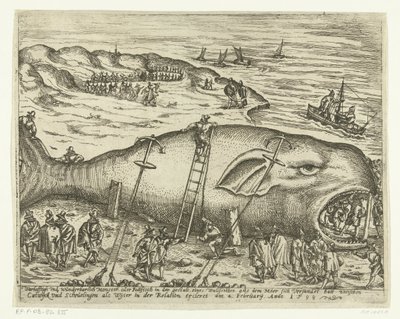 Strandet Walvis nær Berckhey, 1598 Warhafttigh And Wonderful Monster eller Pottfisch i form av en hval, som Möer hadde silt opp fra mellom Catwyck og Schevelingen som Wyter i forholdet ercleret 4. februar, Anno 1598 (tit). av Anonymous