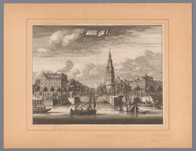 Utsikt over Montelbaanstoren i Amsterdam Montelbaanstoren og Water Keer (tittel på objekt) av Anonymous