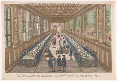 Utsikt over spisesalen til Hôtel des Invalides i Paris med en gruppe som spiser Vue perspective du refectoire de l