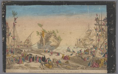 Utsikt over havnen i Rochefort med enden av skipet Duc de Bourgogne 20. oktober 1751 Vue perspective du vaisseau du roy le Duc de Bourgogne (tittel på objekt) av Anonymous