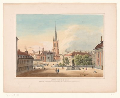 Utsikt over Riddarholmen kirke i Stockholm Stockholm. Utsigt af Riddakholmen fran Riddarhustorget (tittel på objekt) av Anonymous