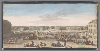 Utsikt over stallen til slottet i Versailles Vue des ecuries de Versailles-prisen på den andre grillen (tittel på objekt) av Anonymous