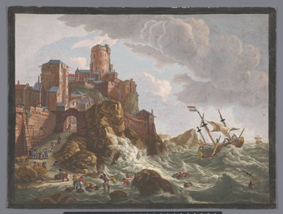 Utsikt over en kyst med skip og båter på klippene i Norge Ecueil des côtes de Norwege (tittel på objekt) av Anonymous