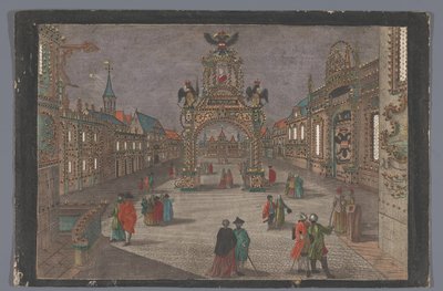 Utsikt over en triumfbue med en tohodet ørn og en portrettbyste av Joseph II, tysk keiser, i Frankfurt am Main av Anonymous