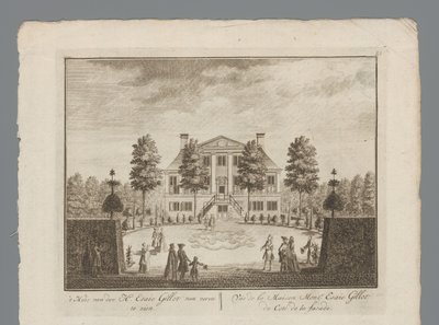 Utsikt over landstedet av Esaie Gillot Huset til Mr. Esaie Gillot sett forfra / Vüe de la Maison Monsr. Esaie Gillot du Coté de la fasade (tittel på objekt) Innsiden av kabinettet til Mr. Esaie Gillot / Vüe de la Maison de M av Anonymous