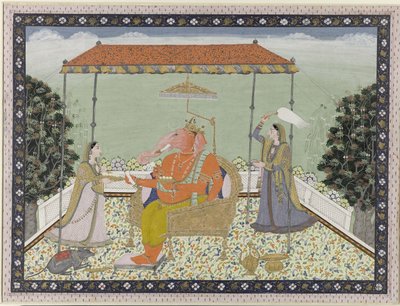 Gud Ganesha (Ganapati) med elefantsnabel med sine to tjenestepiker Siddhi og Buddhi sittende under en balkong av Anonymous