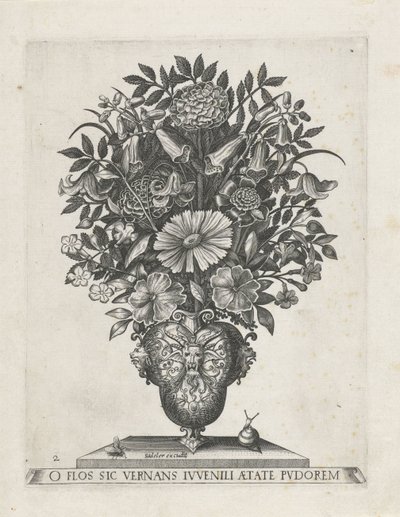 Grotesk vase med tre mascarons Vaser med blomster (serietittel) av Anonymous
