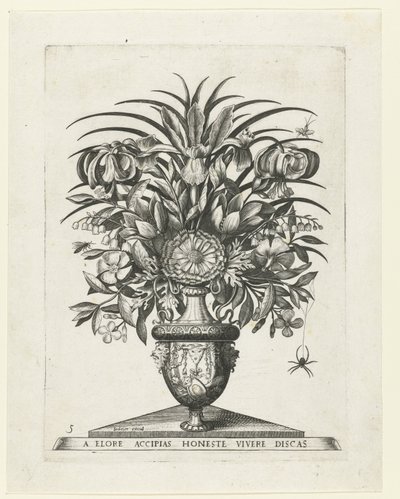 Grotesk vase med to mascarons på hver side av en bukranion Vaser med blomster (serietittel) av Anonymous