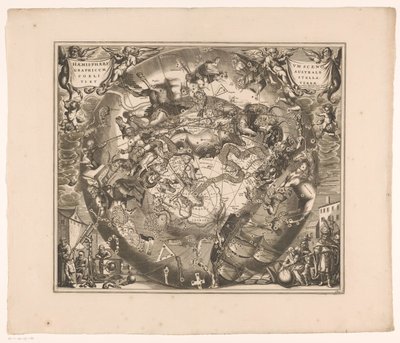 Himmelkart med de sørlige stjernebildene Haemisphaerium scenographicum australe coeli stellati et terrae (tittel på objekt) av Anonymous