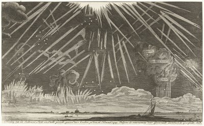 Himmelfenomener, 1729 Bilde av Seldtzame Light and Sky-utsikten, sett om kvelden den 16. november: 1729. I følge observasjonen av Coenraadt Zumbach de Croesfeldt M.D. (tittel på objekt) av Anonymous