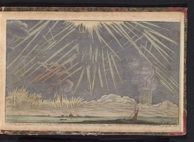 Hemelverschijnselen, 1729 Afbeelding van het Seldtzame Licht en Lucht gezicht, gezien des Avondts op den 16 Novemb: 1729. Volgens de waarneming door Coenraadt Zumbach de Croesfeldt M.D. (title on object)   1374127   no       norwegian Successfully Translat av Anonymous