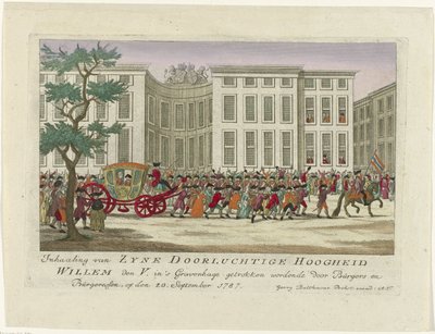 Overtakelse av prinsen av Orange, 1787 Overtakelse av Zyne Serene Highness Willem den V. blir trukket i Haag av Burgers og Burgeressen, den 20. september 1787 (tittel på objekt) Fargede tyske trykk om hendelsene i av Anonymous
