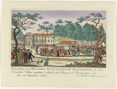 Overtakelse av prinsessen av Orange og barna, 1787 Overtaking av Haare Koninglyk Hooghied og Royal Scions, tegnet av Burgers og Burgeressen den 24. september 1787 (tittel på objekt) Tyske fargetrykk om arrangementet av Anonymous