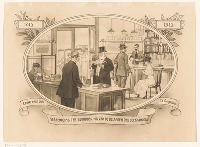 Interiør i en bokhandel anno 1915 1815-1915. Hundreårsjubileet for Foreningen til fremme av bokhandlernes interesser (tittel på objekt) av Anonymous