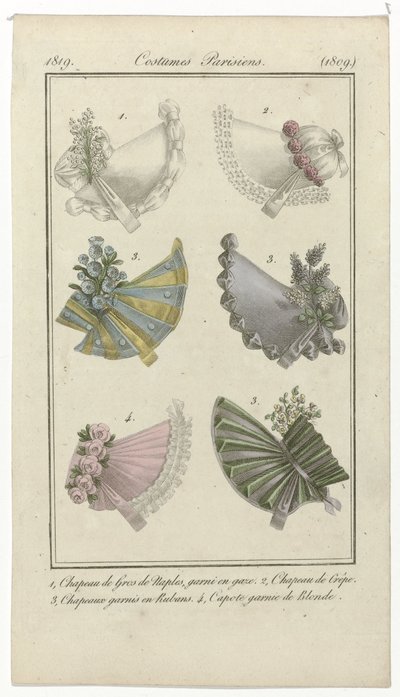 Journal des Dames et des Modes, Costumes Parisiens, 15. april 1819, (1809): 1, Gros de Naples Hat (...) av Anonymous