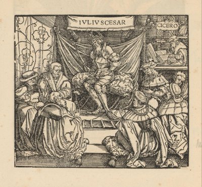 Julius Caesar i et rådsmøte og Cicero skriver bakerst av Anonymous