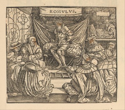 Julius Cæsar i et rådsmøte og Cicero skriver bakerst av Anonymous