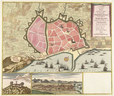 Kart fra Barcelona, ​​​​ca. 1706 Den sanne og nøyaktige planen for alle de gamle og nye festningsverkene i byen Barcelona, ​​hovedstaden i provinsen Catalonia (tittel på objekt) av Anonymous