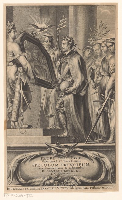 King holdes oppe et speil av Justice and Faith Tittelside for: Petrus Belluga og Camillo Borello, Speculum principum, 1655 av Anonymous