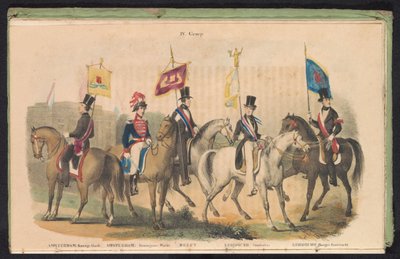 Kostymer og bannere til æresvaktene i Amsterdam, Delft og Leiden, 1840-1842 IV. Gruppe (tittel på objekt) av Anonymous
