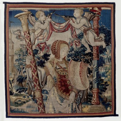 Kyskhet med to putti, fragment fra kyskhetens triumf over kjærligheten The Triumphs of Petrarch (serietittel) av Anonymous