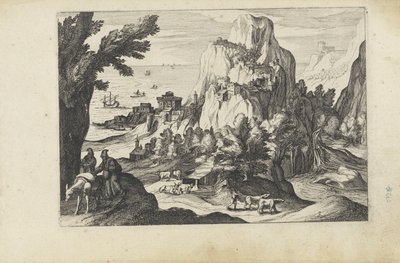 Kystlandskap med høyfjellslandskap med figurer (serietittel) av Anonymous