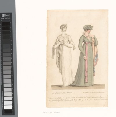 La Belle Assemblée, 1. mars 1807, nr. 14: En aftenballkjole / En parisisk vinterkjole av Anonymous