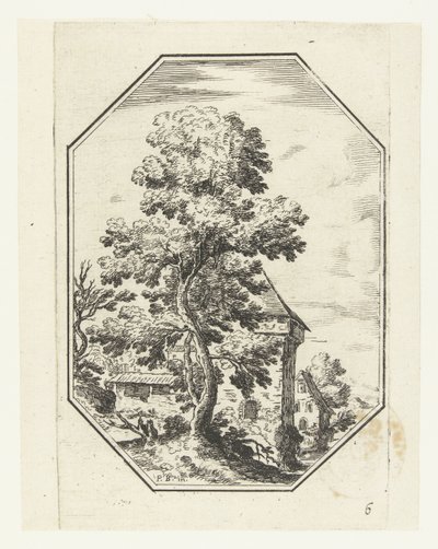 Landskap med et stort tre i en åttekantet ramme Octagonal Landscapes (serietittel) av Anonymous