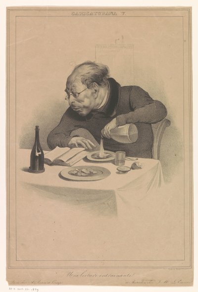 leser mann Une lecture entraînante (tittel på objekt) Karikaturer (av forlagene Pontin og Eigeman) (serietittel) Caricaturana (serietittel på objekt) av Anonymous
