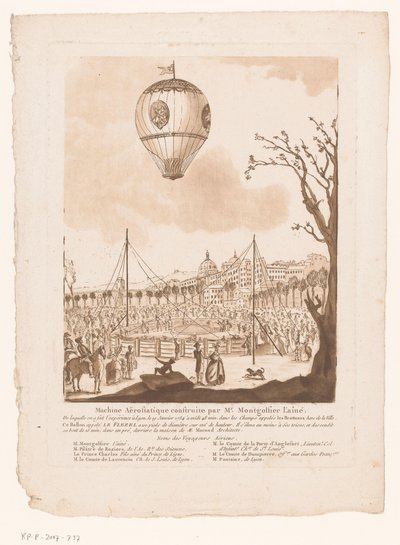 Luchtballon, Le Flezel, van Joseph-Michael Montgolfier den eldre utenfor Lyon Aerostatisk maskin bygget av Mr. Montgolfier den eldste (tittel på objekt) av Anonymous