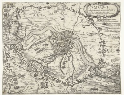 Maastricht okkupert av Frederik Hendrik, 1632 Maestricht beleiret av Friderich Henrich Printzen von Orangien (...) den 9. juni i år 1632. Tatt med Accort den 12. august i år 1632 (tittel på objekt) av Anonymous