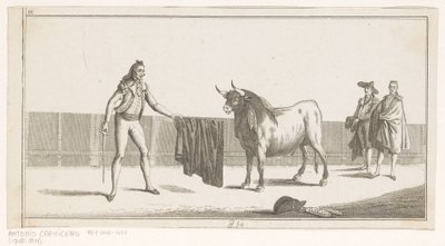 Matador utfordrer en okse Coleccion de las principales suertes de una corrida de toros (serietittel på objekt) Samling av de viktigste tyrefektingsmanøvrene (serietittel) av Anonymous