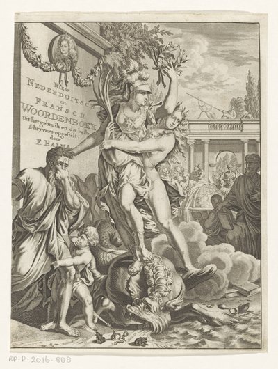 Minerva tramper ildpustende sjømonster Ny lavtysk og fransk ordbok (tittel på objekt) Tittelside for: François Halma, Dictionary of Dutch and French Languages, 1710 av Anonymous