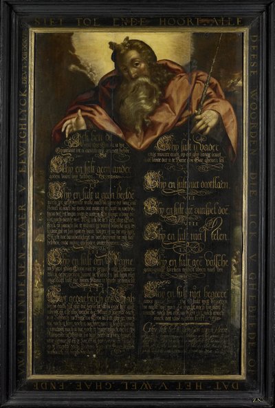 Moses viser lovens tabeller med de ti bud i kalligrafi av Anonymous