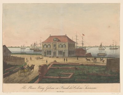Nieuwe Waag ved vannkanten i Paramaribo Nieuwe Waag-bygningen og Bank der Colonie Surinam (tittel på objekt) av Anonymous