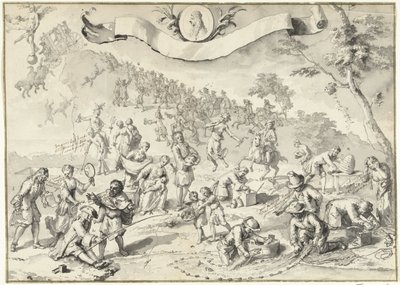 Designtegning for trykket Greed prøver å overta Fortuna, 1720 The Great Scene of Folly (serietittel) av Anonymous
