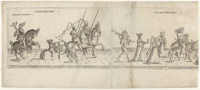 Parade med utkledde karakterer, inkludert rytter Bernhart von Ahren, et esel med spytt, Janus, Bacchus på et esel og to musikere Die neunde del I og II (tittel på objekt) Festlig prosesjon med August, kurfyrsten av Sachsen, kledd som en bonde ( av Anonymous