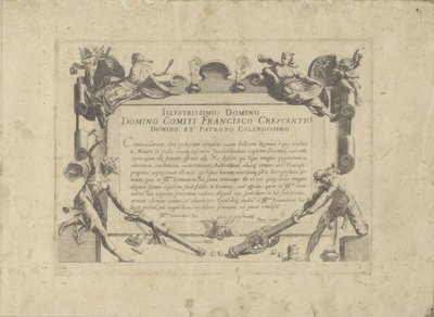 Ornamenteel cartouche met oprehde aan de schilder Francesco Crescenzi Equile, der alle slags adelsmenn: oppførselen til hester valgt fra forskjellige deler av verden insignier (...) (serietittel på objekt) av Anonymous