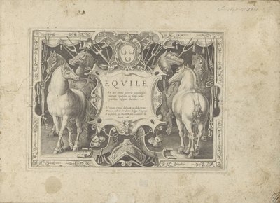 Ornamenteel cartouche met titel geflankeerd door paarden Hesten, der alle slags adelsmenn: oppførselen til hester skilt fra forskjellige deler av verden valgt (...) (serietittel på objekt) av Anonymous