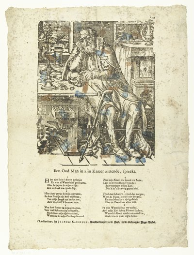Gammel mann på rommet sitt (vanitas) En gammel mann som sitter på rommet hans snakker. (tittel på objekt) av Anonymous
