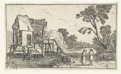 Sti langs en elv med bygninger på stylter Landskap etter Esaias van de Velde (serietittel) av Anonymous