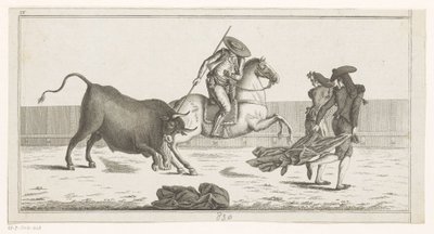 Picador stikker lansen i en okse Coleccion de las principales suertes de una corrida de toros (serietittel på objekt) Samling av de viktigste manøvrene i tyrefekting (serietittel) av Anonymous
