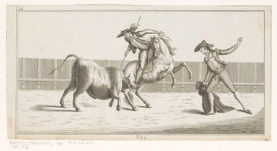 Picador stikker lansen i en okse Coleccion de las principales suertes de una corrida de toros (serietittel på objekt) Samling av de viktigste manøvrene i tyrefekting (serietittel) av Anonymous