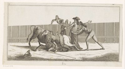 Picador van zijn paard gevallen Coleccion de las principales suertes de una corrida de toros (series title on object) Verzameling van de belangrijkste manoeuvres bij het stierenvechten (series title)   1340942   no       norwegian Successfully Translated   av Anonymous