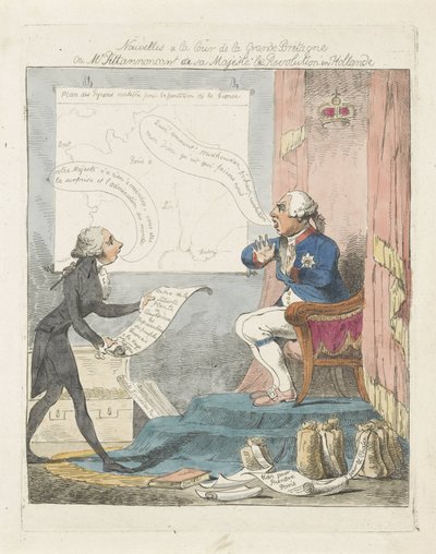 Pitt bringer George III den nye over de revolutie i Nederland, 1795 Nyheter ved domstolen i Storbritannia eller Mr. Pitt som kunngjør for hans Majestet revolusjonen i Holland (tittel på objekt) av Anonymous